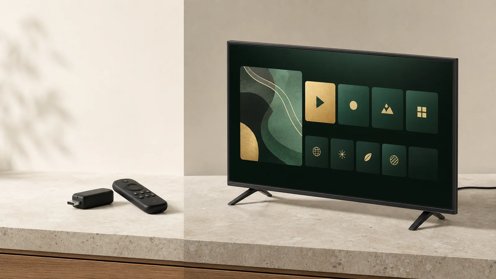 A streaming stick beside a smart television, arranged for a device comparison