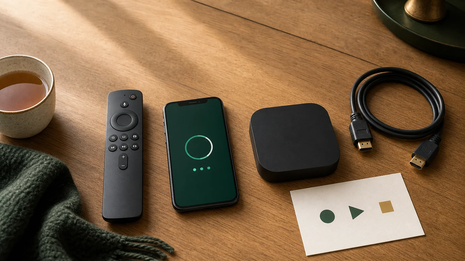 A remote control, phone, streaming box and HDMI cable laid out ready for a smart TV setup