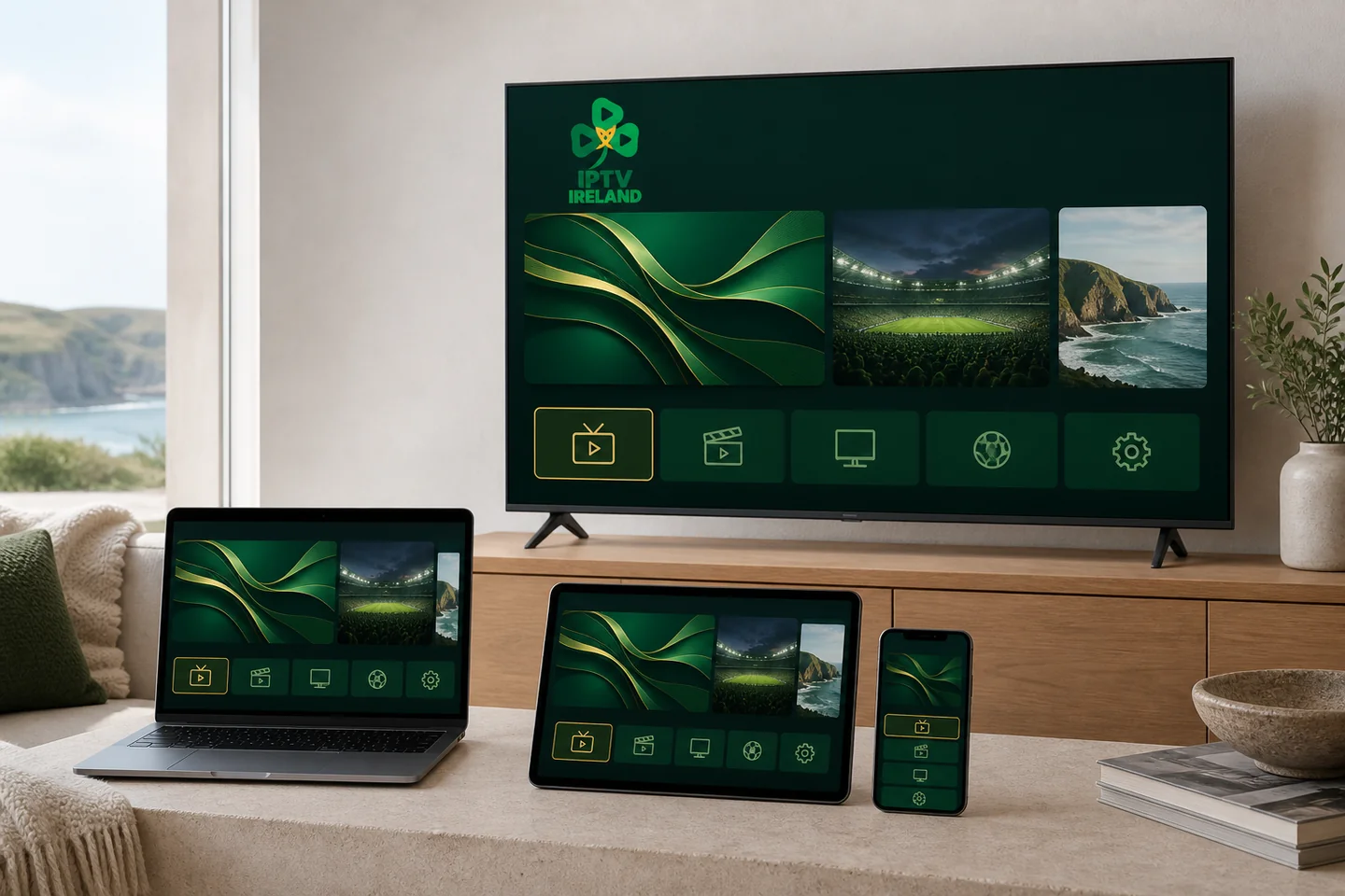 The IPTV Ireland interface shown on a television, laptop, tablet and phone side by side