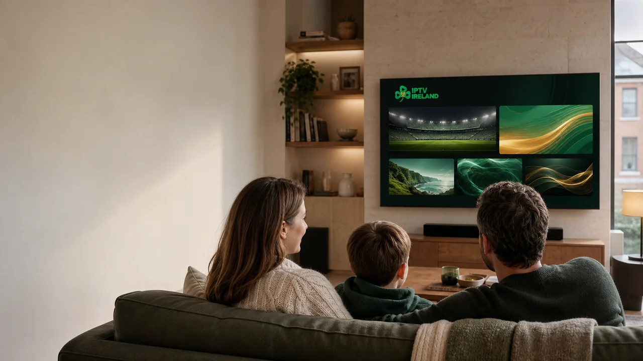 A family in a modern Irish living room watching the IPTV Ireland interface on a television