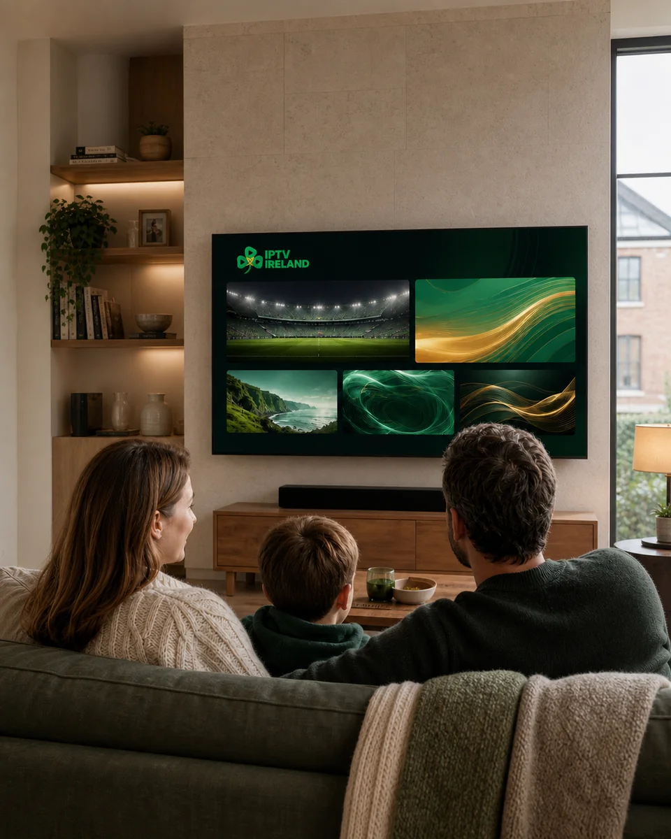 A family watching an on-demand film on the IPTV Ireland interface at home