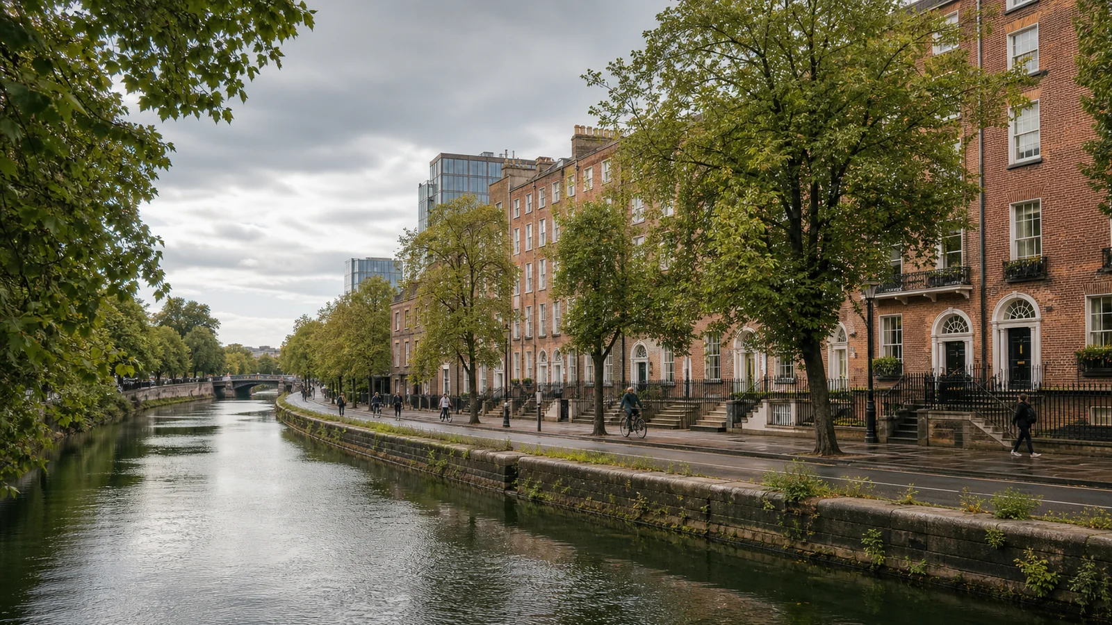 Dublin's Grand Canal beside red-brick Georgian buildings after rain