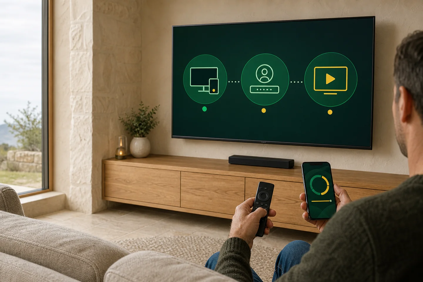 A viewer following a three-step television setup with a phone and a remote control