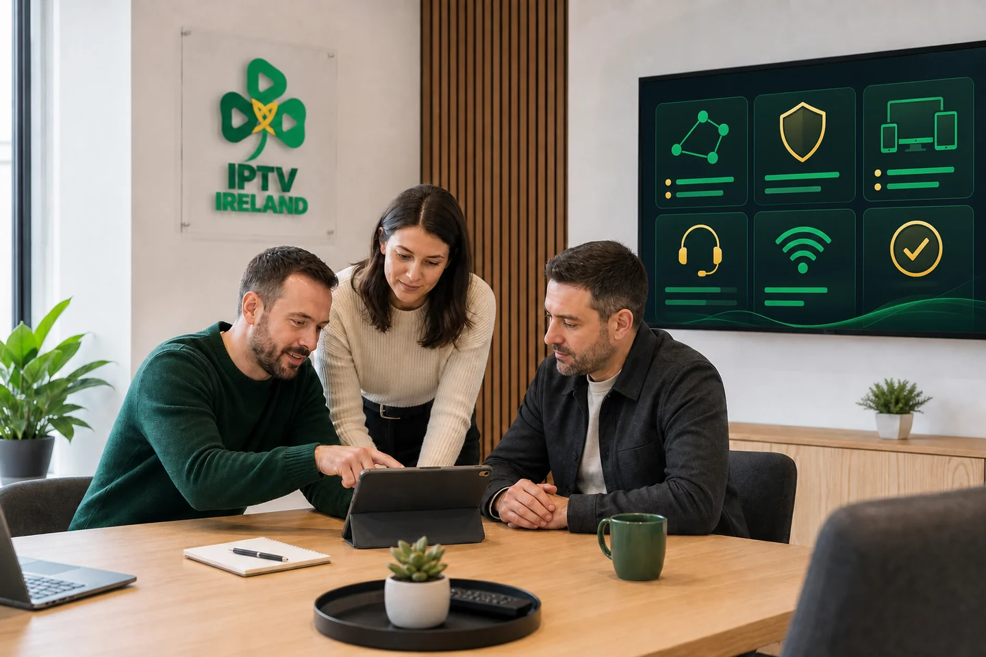 The IPTV Ireland service team reviewing device support in a Dublin studio